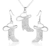 Mikovivi Parure Bijoux Cowgirl Set, Style Bohème Boucles d'Oreilles Bottes Western Strass Collier Cowgirl Breloque Chapeau et Botte Émail Rodéo Boucles d'Oreilles Pendantes Cadeau pour Femme (Blanc)