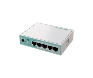 Mikrotik hEX Routeur Gigabit Ethernet 5 ports RJ-45, CPU 950MHz, 512MB RAM, Flash, USB 2.0, PoE, Alimentation 12-28V DC, Température -40-70°C