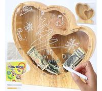 Mikytoper Tirelire en bois personnalisée de A à Z avec zone cible pour enfants et adultes - Tirelire en forme de lettres de l'alphabet transparent - Pour décoration de cadeau, baptême (cœur-2)
