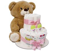 MilaBoo® Gâteau de couches rose fille avec gros nounours tout doux I Cadeau de qualité pour nouveau-né avec couches et produits Hipp I Cadeau de naissance personnalisé