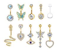 Milacolato 14G Piercing Nombril Acier Chirurgical 316L Dangly Nombril Piercing Bijoux Longue Chaîne CZ Pierre de Lune Serpent Coeur Papillon Nombril Belly Bar Pack Argent Or 10Pcs Or