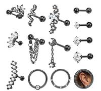 MILACOLATO 14Pièces Lot Boucles d'Oreilles Clou Femme Homme Acier Inoxydable 16G Étoile Lune Serpent Vis Arrière Boucles d'Oreilles Argent Hypoallergénique Helix Tragus Cartilage Piercing Oreille noir
