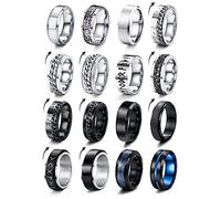 Milacolato 16 PCS Bague Homme Acier Inoxydable Noir Tournante Chaîne Rock Bague Vintage Gothique Anneaux en Fiber de Carbone Bagues Dragon Celtique Bleu Mariage Promise Bande Anneau Taille 52-70