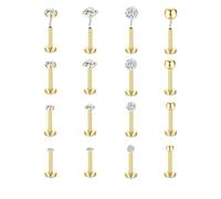 Milacolato 16G Piercing Labret Stud Acier Inoxydable Rond Clear CZ Labret Lip Nez Méduse Madonna Piercing Bijoux Argent Or Dos Plat Piercing Cartilage Tragus Oreille pour Femme Homme 16Pcs G8mm