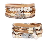 Milacolato 2Pcs Cuff Bracelet Cuir pour Femme Boho Multicouches Arbre De Vie Bracelets Manchettes Gris Brun Noir Bleu Boucle Magnétique Jonc Bangles Bijoux Cadeau pour Mère Amis
