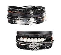 Milacolato 2Pcs Cuff Bracelet Cuir Pour Femme Boho Multicouches Arbre De Vie Bracelets Manchettes Gris Brun Noir Bleu Boucle Magnétique Jonc Bangles Bijoux Cadeau Pour Mère Amis