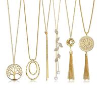 Milacolato 6 Pcs Collier Femme Long Colliers pour Femmes Gland Pendentif Collier Multirang Cercle Noeud Bar Plume Feuille Chandail Collier Déclaration Collier Femme Fantaisie