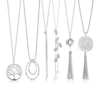Milacolato 6 Pcs Collier Femme Long Multirang avec Pendentif Gland, Cercle, Noeud, Bar, Plume, Feuille - Collier Chandail Déclaration Fantaisie