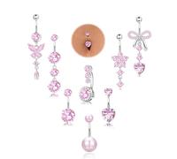 Milacolato 8 Pcs Piercing Nombril Acier Chirurgical Piercing Nombril Or Argent Acier Chirurgical de Pendants Fleur Coeur Papillon Rose Bleu CZ 14G Bijoux de Piercing Pour Femme 10mm-C