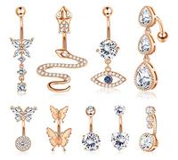 Milacolato 9pcs 14G Acier Inoxydable Piercing Nombril Mauvais Oeil Coeur Serpent Papillon CZ Longue Pendant Anneau de Nombril Barbell percing au Nombril Bijoux Or Rose