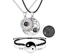 Milacolato Collier BFF Bracelet Couple Set pour Femme Homme, 100 Langues I Love You Projection Magnétique Soleil Lune Collier Assorti Bracelet Yin Yang pour Meilleurs Amis Couple Promise Bijoux Argent