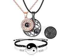 Milacolato Collier BFF Bracelet Couple Set pour Femme Homme 100 Langues I Love You Projection Magnétique Soleil Lune Collier Assorti Bracelet Yin Yang pour Meilleurs Amis Couple Promise Bijoux Or rose
