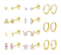 MILACOLATO Lot de 11 paires de boucles d'oreilles créoles en or plaqué or 18 carats pour femme, plaquées or 18 carats, hypoallergéniques, boucles d'oreilles créoles dorées, argentées, petites, pour