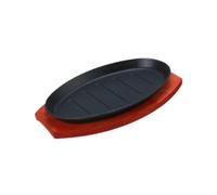 Milageto Assiette à steak en fonte antiadhésive de forme ovale avec base en bois pour restaurant à domicile, 28cmx17cm