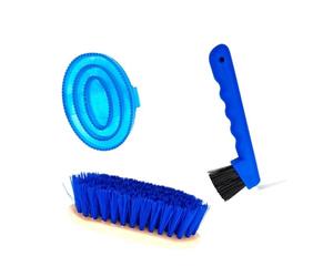 Milageto Kit de pour Chevaux 3 pièces : étrille, Brosse Professionnelle, Pieds et Brosse pour débutants, de Concours et de mue, Bleu