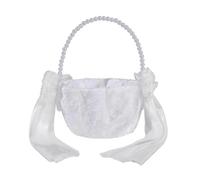 Milageto Panier de Fille d'Honneur Fleurs Mariage Cérémonie avec Voilage et Rubans Poignée Perles, Panier De Fleurs De Mariage En Dentelle Blanche Avec Poignée De Perles Et Rubans