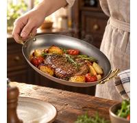 Milageto Poêle à Frire Ovale en Acier Inoxydable Poignées Latérales Récipient Cuisson Présentation pour Friture Rôtissage Adapté pour Steak Fruit Pâtes, 160x115x28mm