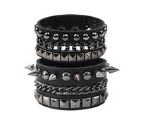 MILAKOO 2 pièces punk rivet bracelet large PU bracelet en cuir avec des chaînes bracelet en cuir noir ensemble