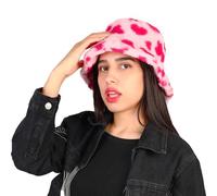 MILAKOO Hiver Fuzzy Bucket Hat Cute Lovely Peluche Fisherman Cap Coeur Patterned Epaisseur Bonnet Chaud pour Femmes Rose