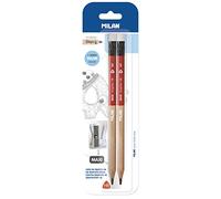 MILAN - 2 crayons graphite Maxi HB avec gomme + 1 taille-crayons Maxi