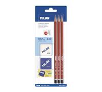 MILAN - 3 crayons graphite hexagonaux HB, gomme et taille-crayons