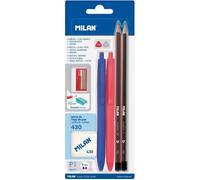 Milan Blister 2 Crayons P1 Bleu Et Rouge + 2 Crayons Graphite Hb Et H + Gomme 430 + Taille-crayon Multicolore Multicolore One Size
