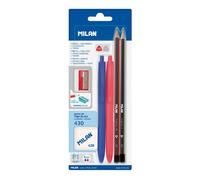 Milan Blister 2 Stylos P1 Bleu Et Rouge + 2 Crayons Graphite Hb Et H + Gomme 430 + Taille-crayon