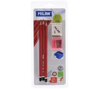 Milan ? Blister Avec 3 Crayons Graphite, Taille-Crayon Et Gomme À Effacer - Bym10016