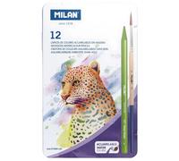 Milan Boîte En Métal 12 Crayons De Couleur Aquarellables Sans Bois + 1 Pinceau