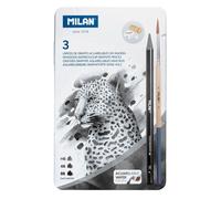 MILAN Coffret métal 3 crayons graphite aquarellables HB/4B/8B + pinceau, gomme et taille-crayon