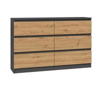 MILAN - Commode de chambre large 6 tiroirs - 30x120x77cm - Style scandinave - Meuble de rangement - Gris&Chêne Marron