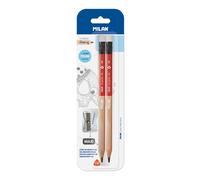 MILAN Blister 2 Crayons Graphite HB Maxi avec Gomme + 1 Taille-crayons Maxi