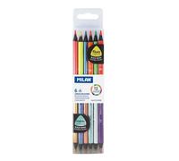 MILAN Crayons bicouleur fluo et métal 12 couleurs, corps triangulaire – boîte de 6