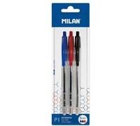 MILAN Stylos bille P1 rétractables – Pointe 1 mm, corps transparent – Blister 3 (bleu/noir/rouge)