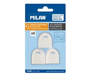 Milan Plaquette Blister De 3 Gommes De Rechange Pour Gomme Capsule Avec Taille-crayon Gomme Et Brosse