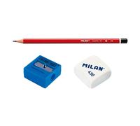 Milan ? Blister Avec 3 Crayons Graphite, Taille-Crayon Et Gomme À Effacer - Bym10016