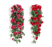 milaosk 2 Pcs Fleurs Artificielles au Mur, Plantes Artificielles à Suspendre Fleur de Lierre Artificielle à Suspendre Rose Rouge Fleurs Faux Plante à Suspendre pour Balcon 90cm(Rouge, Rose)