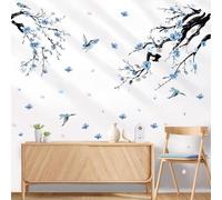 milaosk Stickers Muraux Branches de Fleurs Bleues Autocollant Mural Art Auto-adhésif Papier Peint Nature Arbre Oiseaux Décoration Murale Chambre Salon Mur
