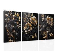 milaosk Tableau Decoration Murale Fleurs Or Noir Affiche Decoration Murale | Affiches Arts Moderne Cadre en Bois Impressions Sur Toile Fleurs Peintures 3D Salon Chambre Deco 30x40cm x 3pcs