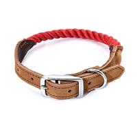 Mile High Life Collier pour Chien en Corde de Coton Qualité Supérieure avec Acier Inoxydable Boucle Ardillon Collier en Cuir Véritable(M, Rouge)