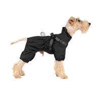 Mile High Life Manteau de pluie imperméable pour chien, couverture complète avec harnais, réglable à 4 jambes, avec bande réfléchissante et poignets élastiques (noir, moyen)