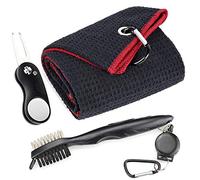 Mile High Life Serviette de golf en microfibre gaufrée Brosse de nettoyage pour rainure pliable avec marqueur magnétique, ., Noir avec serviette rouge, brosse et divot incurvé.
