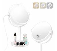 MILEDUO Miroir de maquillage éclairé, miroir grossissant x10 avec lumières, miroir de courtoisie avec 3 couleurs de luminosité réglable, rotation à 360°, miroir de table double face avec interrupteur