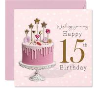 Milestone Carte d'anniversaire 15 ans - Sparkle and Smiles for Their Big Day - Gâteau goutte à goutte rose avec étoiles dorées et friandises - Carré de 145 mm, enveloppe incluse