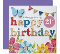 Milestone Carte d'anniversaire 21 ans - Explosion de joie d'anniversaire - Guirlande florale colorée et motif papillon - Sensation festive pour un 21e anniversaire vraiment spécial - Carré de 145 mm