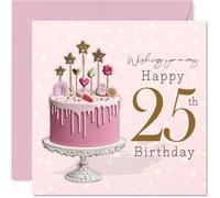Milestone Carte d'anniversaire 25 ans - Raise a Toast to 25 - Gâteau goutte à goutte rose élégant avec étoiles et cœurs dorés étincelants - Carré de 145 mm, enveloppe incluse