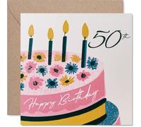 Milestone Carte d'anniversaire 50 ans - Raise a Smile on Their Big Five-Oh - Gâteau et fleurs illustrées colorées avec bougies joyeuses - Carré de 145 mm, enveloppe incluse