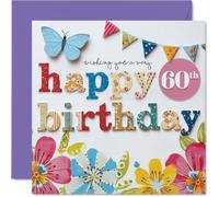 Milestone Carte d'anniversaire 60 ans - Explosion de couleurs et de joie - Motif floral et papillon avec motif audacieux 60e anniversaire - Carré de 145 mm, enveloppe incluse