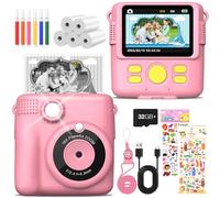 MILFECH Appareil photo instantané pour enfant - Écran de 2,4" - 1080p - Avec 5 rouleaux de papier d'impression - Carte de 32 Go - 6 stylos de couleur - 2 autocollants - Cadeau pour enfants - Rose