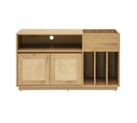 Buffet de rangement vinyles finition bois clair chêne et cannage rotin L130 cm ALICANTE